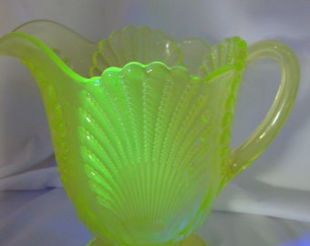 Vintage Mosser Glass Uranium Glass Shell Footed Pitcher