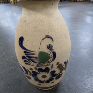 Vintage Tonala J. Campe Signed Mexican Pottery Bird & Flower Vase