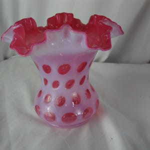 Vintage Fenton Art Glass Cranberry Coin Dot Ruffled Crimped Vase
