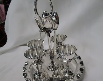 Vintage Victorian Style Silver Tone Metal Egg Cruet Serving Table Set for Four