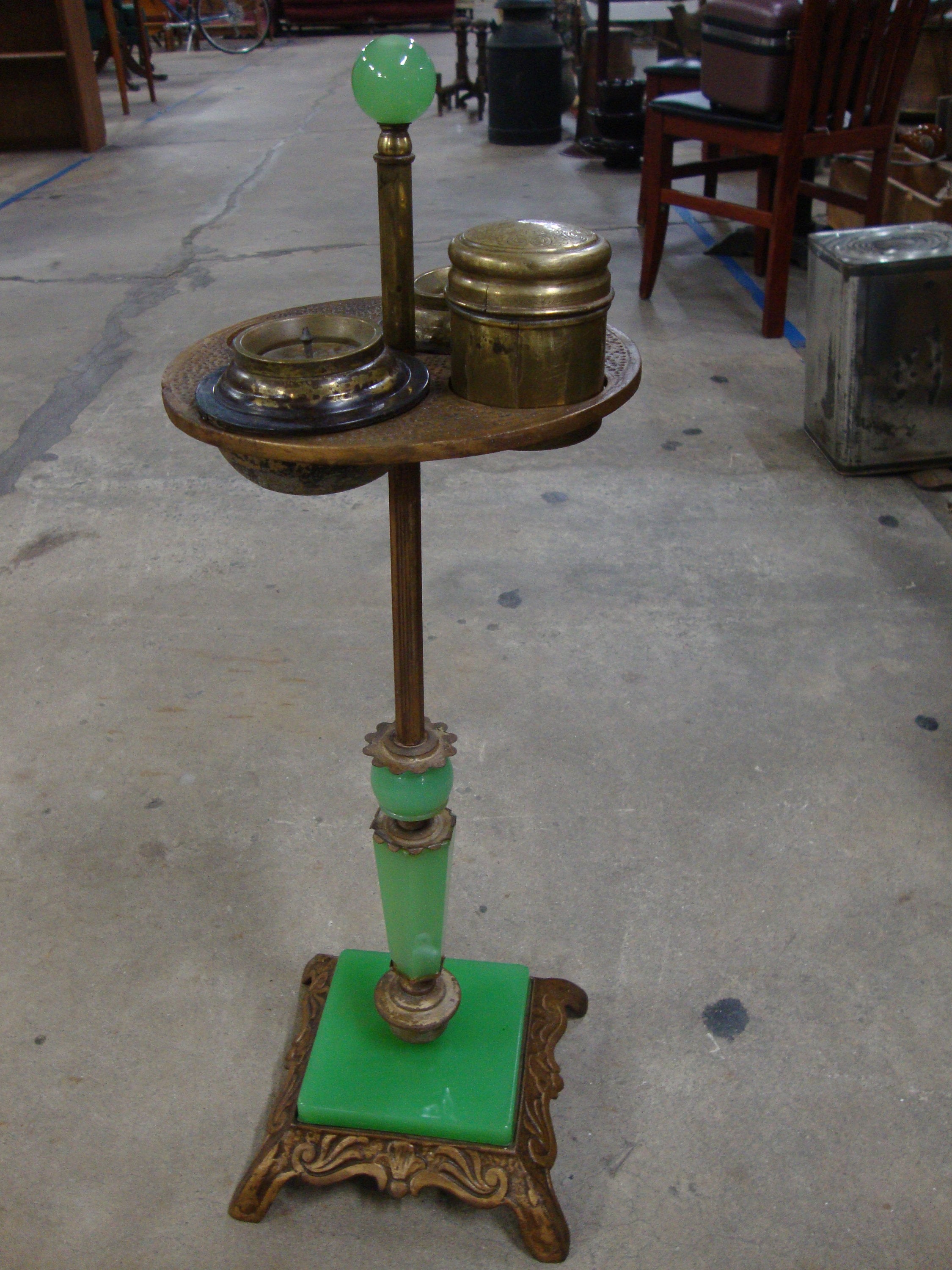 antique cigarette stand Vintage Jadeite & Brass Pedestal Cigarette Tobacco Smoking Stand