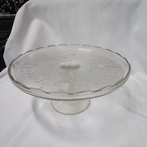 Vintage Jeanette Glass Clear Glass Lyre Harp Pedestal Cake Bakery Stand