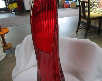 Vintage LE Smith Amberina Glass Large Ribbed Swung Vase