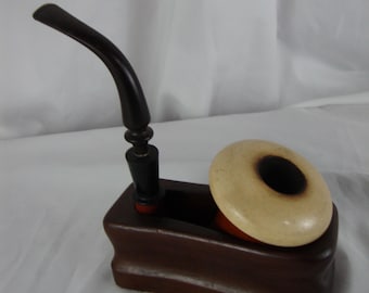 Vintage Calabash Sherlock Holmes Style Meerschaum Bowl Pipe with Wood Stand Used