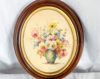 Vintage Oval-Framed M. Black Floral Lithograph Print
