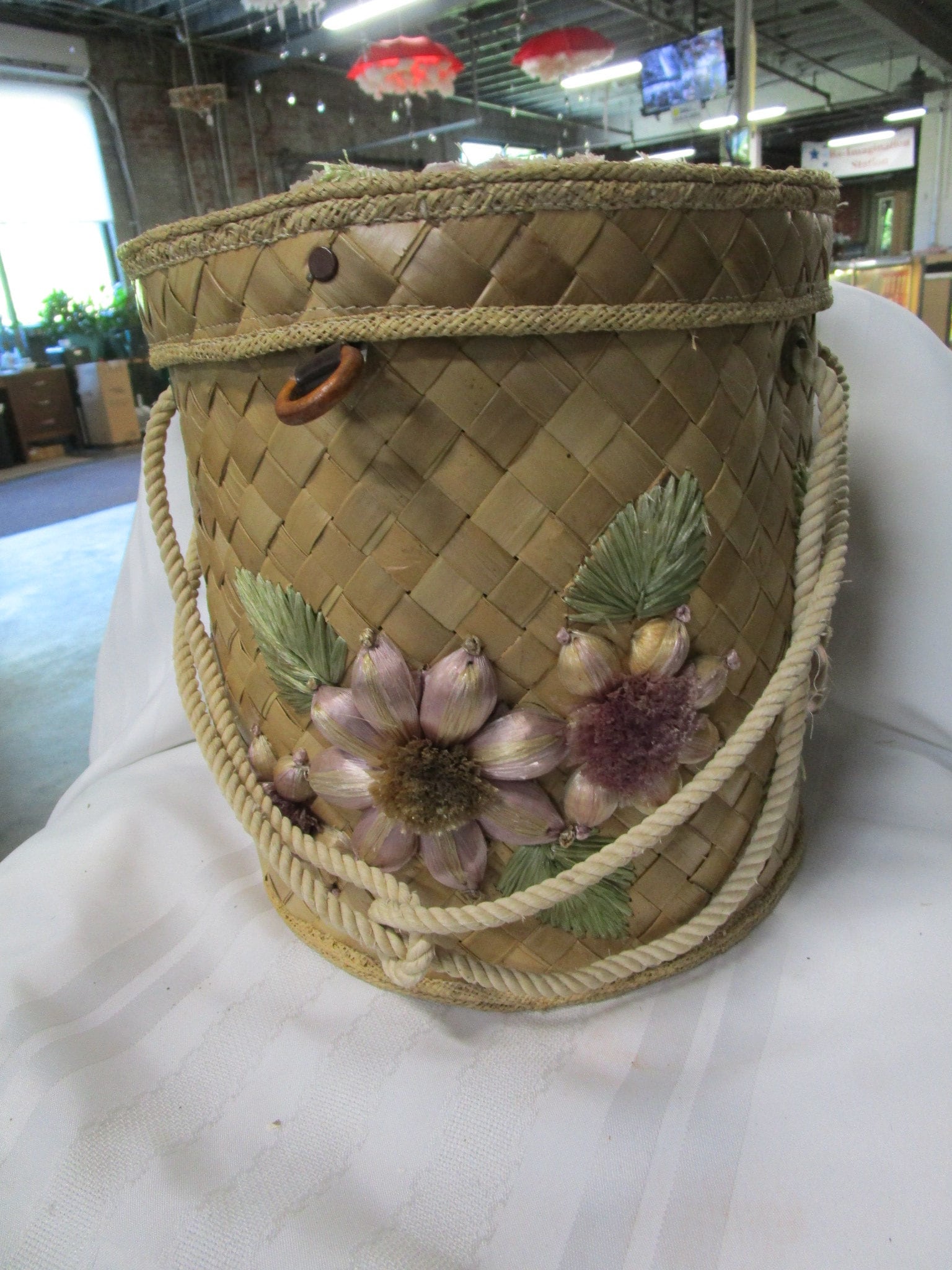 Vintage Philippines Woven Floral Basket Hat Box