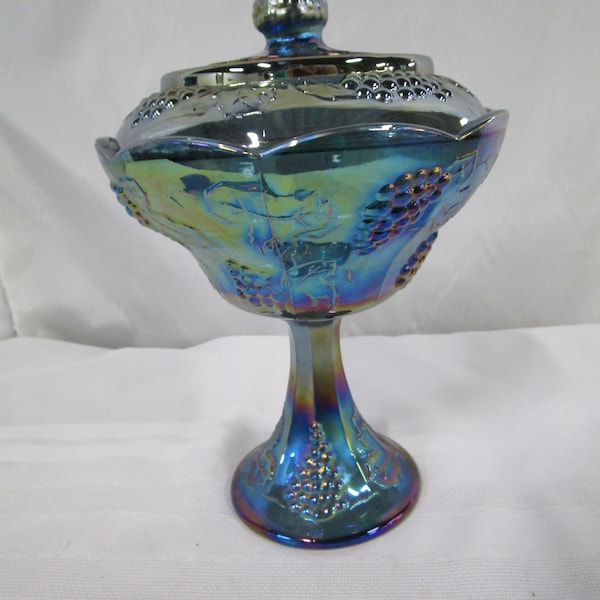 Vintage Indiana Glass Harvest Grapes Blue Carnival Glass Candy Dish with Lid