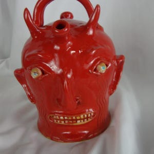 Marvin Bailey Fire Red Devil Double Spout 7 Inch Ugly Face Jug