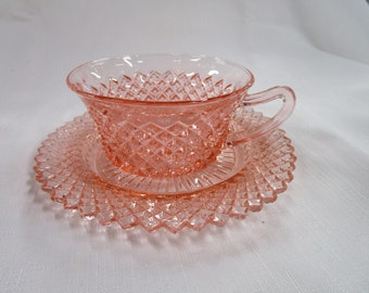 Vintage Anchor Hocking Miss America Pink Glass Teacup and Saucer Set