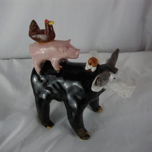Lynn Bailey Pottery Black Bull Cow Pig Hen on Back Lamb on Neck 6 Inch