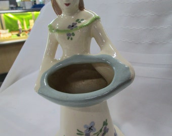 Weil Ware Woman with Blue Basket Planter Vase