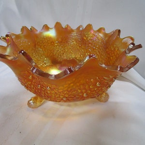 Fenton Marigold Carnival Glass Tree Motif Tripod Fruit Bowl