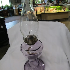 Antique Purple Glass Pedestal Oil Kerosene Lamp with Clear Glass Chimney