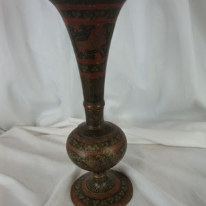 Vintage Indian Brass Metal Floral Two Piece Pedestal Vase