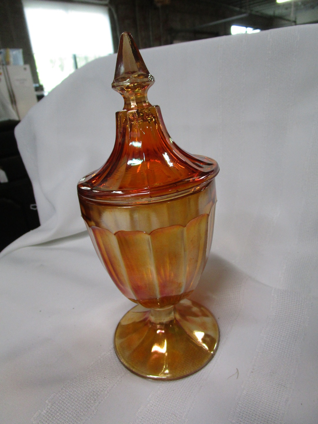 Vintage Jeanette Marigold Carnival Glass Pedestal Compote Candy Dish vintage-jeanette-marigold-carnival-glass-pedestal-compote-candy-dish