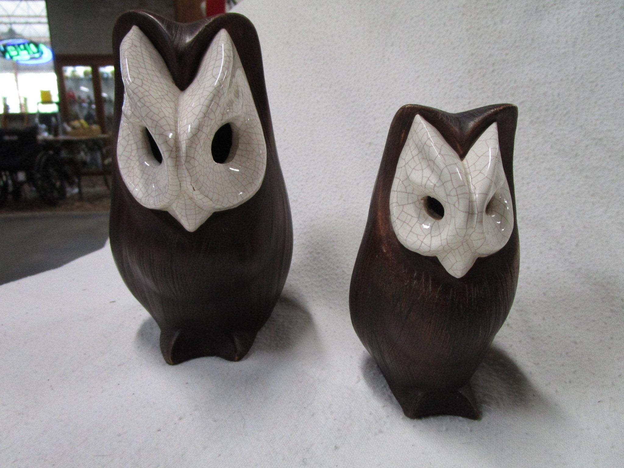 Vintage Brayton Ceramic Textured Crackled Owl Family Set of 2