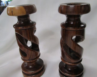 Vintage Hand Carved Wood Spiral Candleholders Set of 2