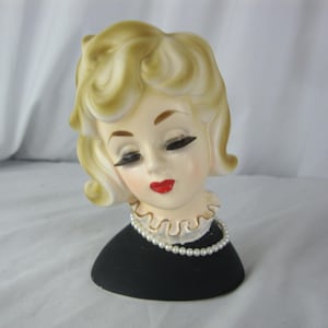 Vintage 1964 Inarco Japan E-2006 Blonde Hair Black Sweater Pearls Head Vase