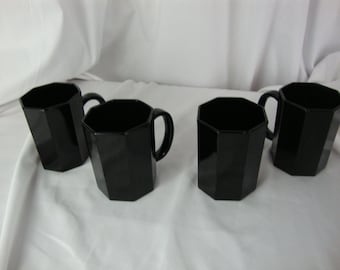 Vintage Arcoroc France Black Glass Octime Coffee Mugs Set of 4