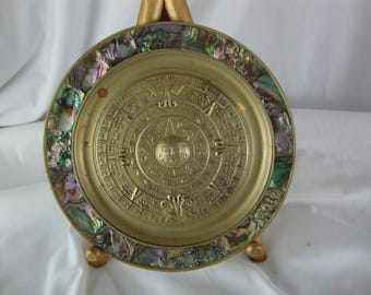 Vintage Alpaca Mexico Mayan Aztec Calendar Wall Plate with Abalone Shell Edge Trim