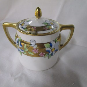 Vintage Nippon Handpainted Floral Sugar Bowl with Lid and Spoon