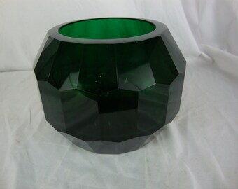 Vintage Dark Emerald Green Glass Crystal Faceted Bowl Vase