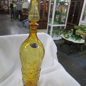 Vintage Empoli Italy Amber Glass Squiggly Glass Decanter with Flame Stopper