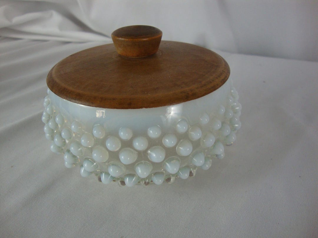 Vintage Fenton Opalescent Hobnail Glass Powder Dresser Jar With Wood ...