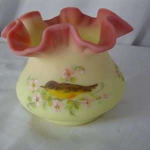 1978 Fenton Uranium Burmese Handpainted Signed Robin on Dogwood Small Flower Vase