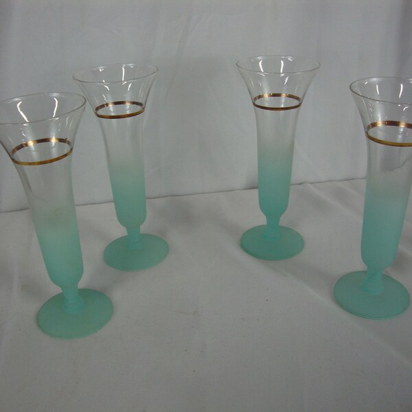 MCM Frosted Aqua and Clear Glass Champagne Toasting Flutes Set of 4