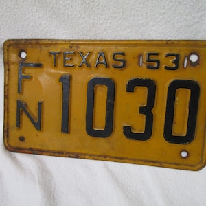 1953 Texas FN 1030 Automobile License Plate Tag