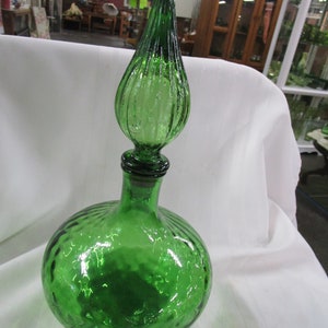 Vintage Empoli Green Optic Glass Bulb Genie Decanter with Ribbed Glass Stopper