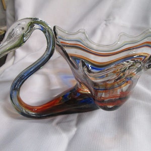 Vintage Clear/Blue/Orange Hand Blown Glass Swan