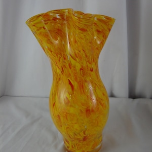 Vintage Hand Blown Art Glass Yellow/Orange Crimped Vase