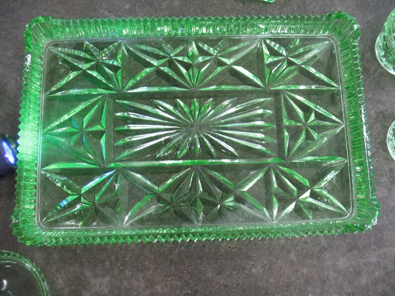 Vintage Green Vaseline Glass Vanity Set Etsy