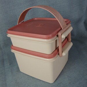 May include: A vintage two-tiered food carrier in a cream and dusty rose color scheme. The square containers have matching lids and a handle for easy carrying. The carrier is made of durable plastic.