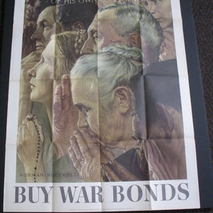 Original Issue 1943 WWII Norman Rockwell Save Freedom Of Worship War Poster