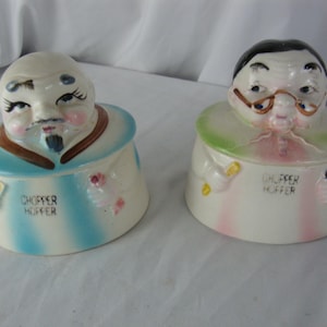 Vintage Japan Ceramic Man Woman Chopper Hopper Denture Trinket Boxes