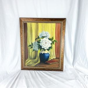 Framed Original Oil on Canvas Magnolia Flower with Book Still-Life Painting