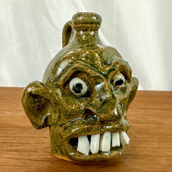 Signed Marvin Bailey Mini "Green & Tan Ugly Face Jug with 5 Teeth"