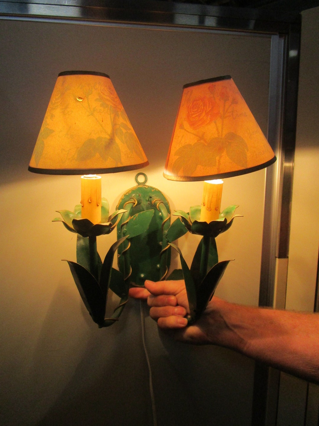 Vintage Green Metal Floral Electric Wall Sconce With Clip on Etsy