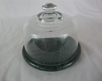 Vintage Dutch Garden Green Marble Cheese Round with Clear Glass Dome