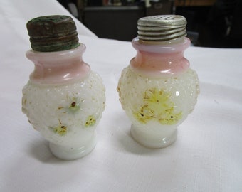 Antique Hobnail Milk Glass Cosmos Pattern Salt and Pepper Shaker Set