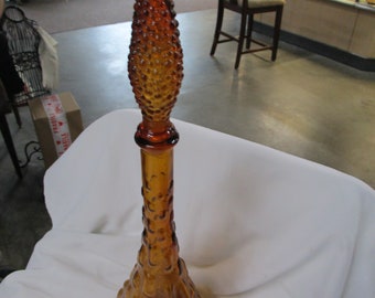 Vintage Empoli Italy Amber Textured Glass Tall Decanter Bottle with Repaired Stopper