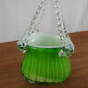Vintage Hand Blown Glass Purse Shaped Vase Planter Green & White Interior