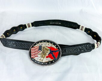 Vintage Black Leather Belt with Large Cowboy Rodeo Buckle