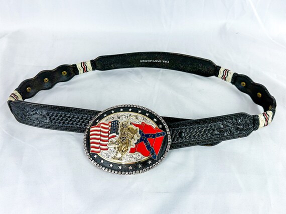 Vintage Black Leather Belt with Large Cowboy Rode… - image 1