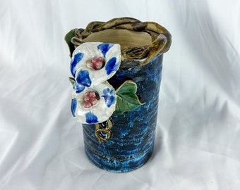 Hand-made Blue Ceramic Vase with Morning Glories, Unsigned