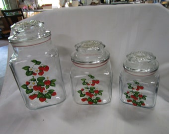 Vintage Anchor Hocking Clear Glass Strawberry Motif Kitchen Canisters with Lids Set