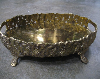 Vintage French Style Brass Footed Harvest Grapes Wine Glass Gallery Tray